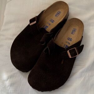 Birkenstock Dark Brown Suede Clogs with Buckle